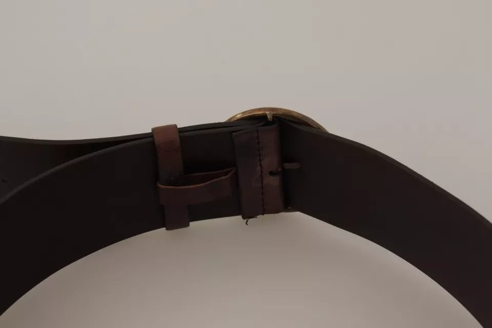 Dolce & Gabbana Dark Brown Wide Calf Leather Logo Round Buckle Belt - KALAJ