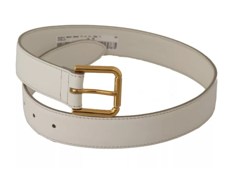 Dolce & Gabbana White Leather Gold Logo Engraved Metal Buckle Belt - KALAJ