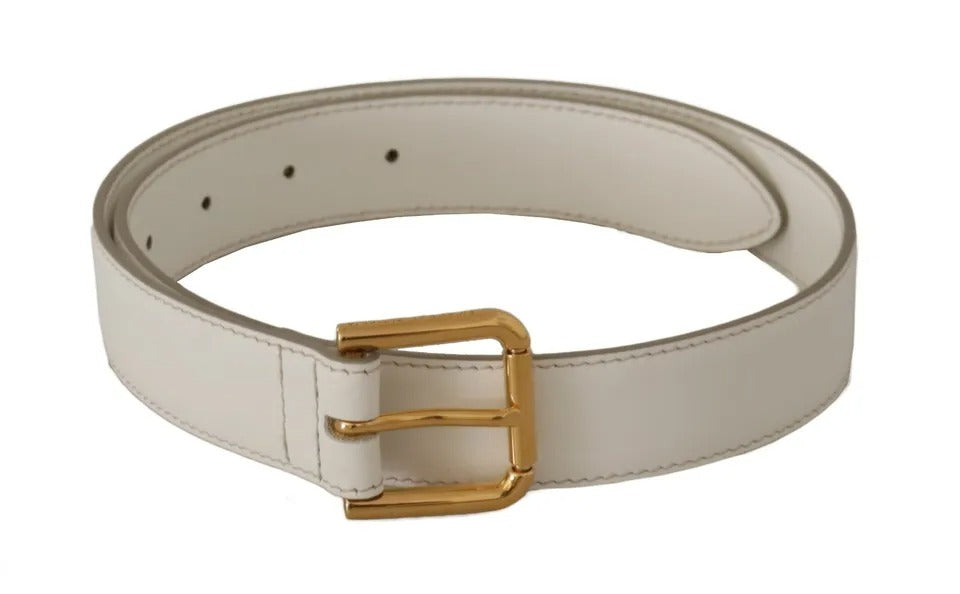 Dolce & Gabbana White Leather Gold Logo Engraved Metal Buckle Belt - KALAJ