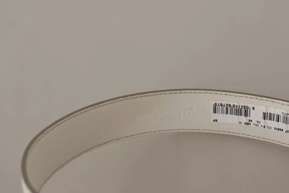 Dolce & Gabbana White Leather Gold Logo Engraved Metal Buckle Belt - KALAJ