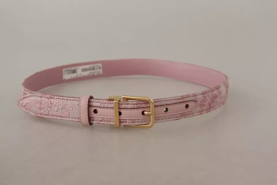 Dolce & Gabbana Pink Jaquard Embroidered Gold Tone Metal Buckle Belt - KALAJ