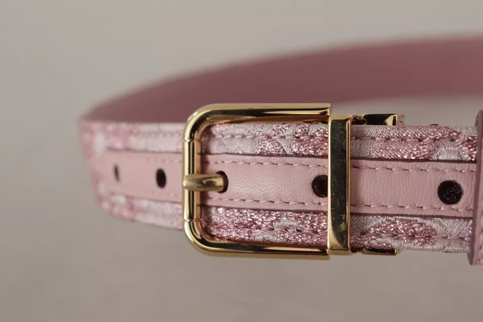 Dolce & Gabbana Pink Jaquard Embroidered Gold Tone Metal Buckle Belt - KALAJ