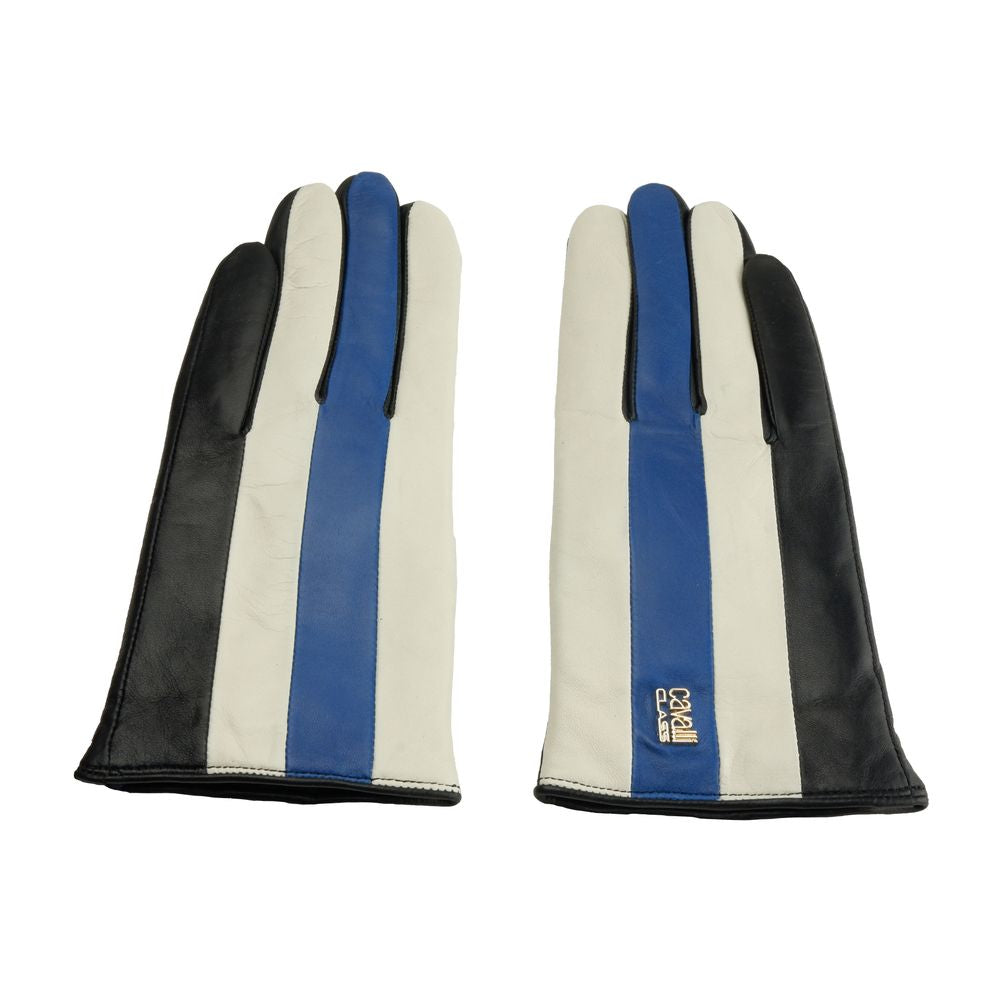 Cavalli Class Elegant Black and Blue Lambskin Gloves - KALAJ