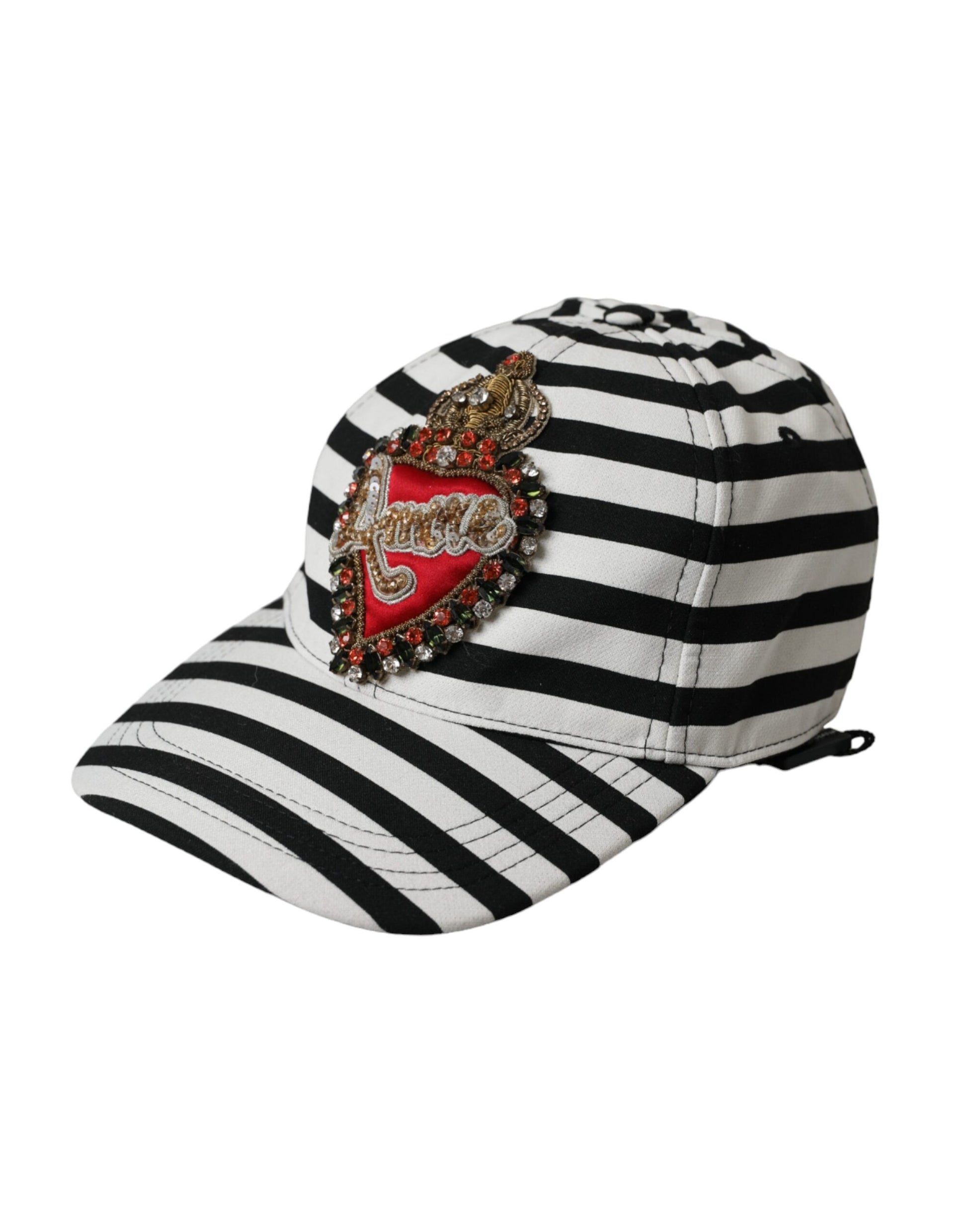 Dolce & Gabbana Black White Stripe Amore Heart Applique Baseball Hat - KALAJ