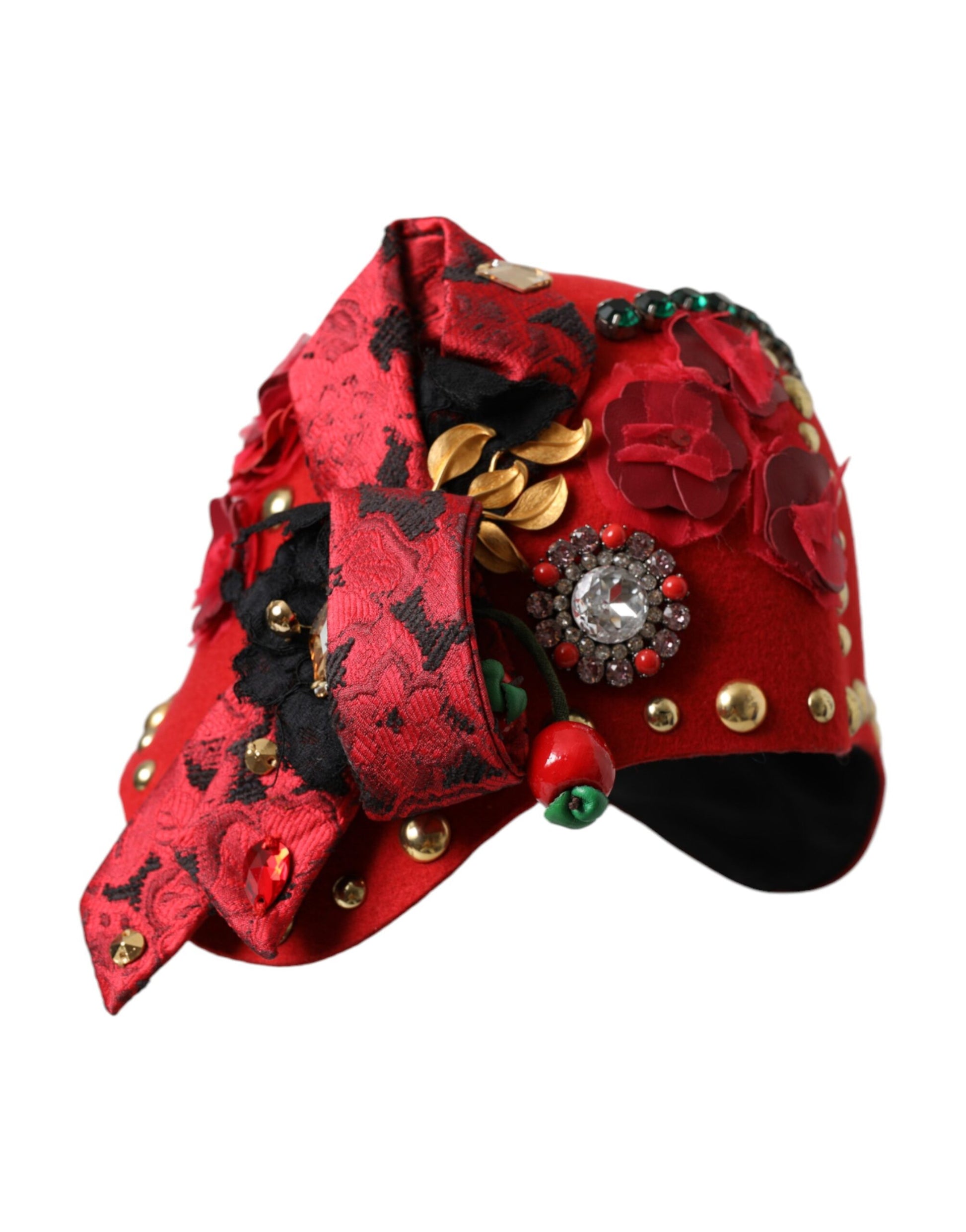 Dolce & Gabbana Red Crystal Gold Roses Brooch Embellished Hat - KALAJ