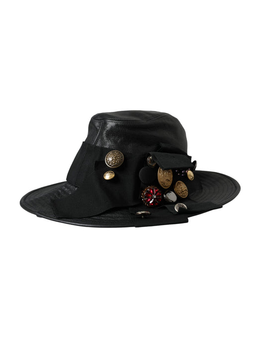 Dolce & Gabbana Black Leather DG Coin Crystal Wide Brim Hat - KALAJ