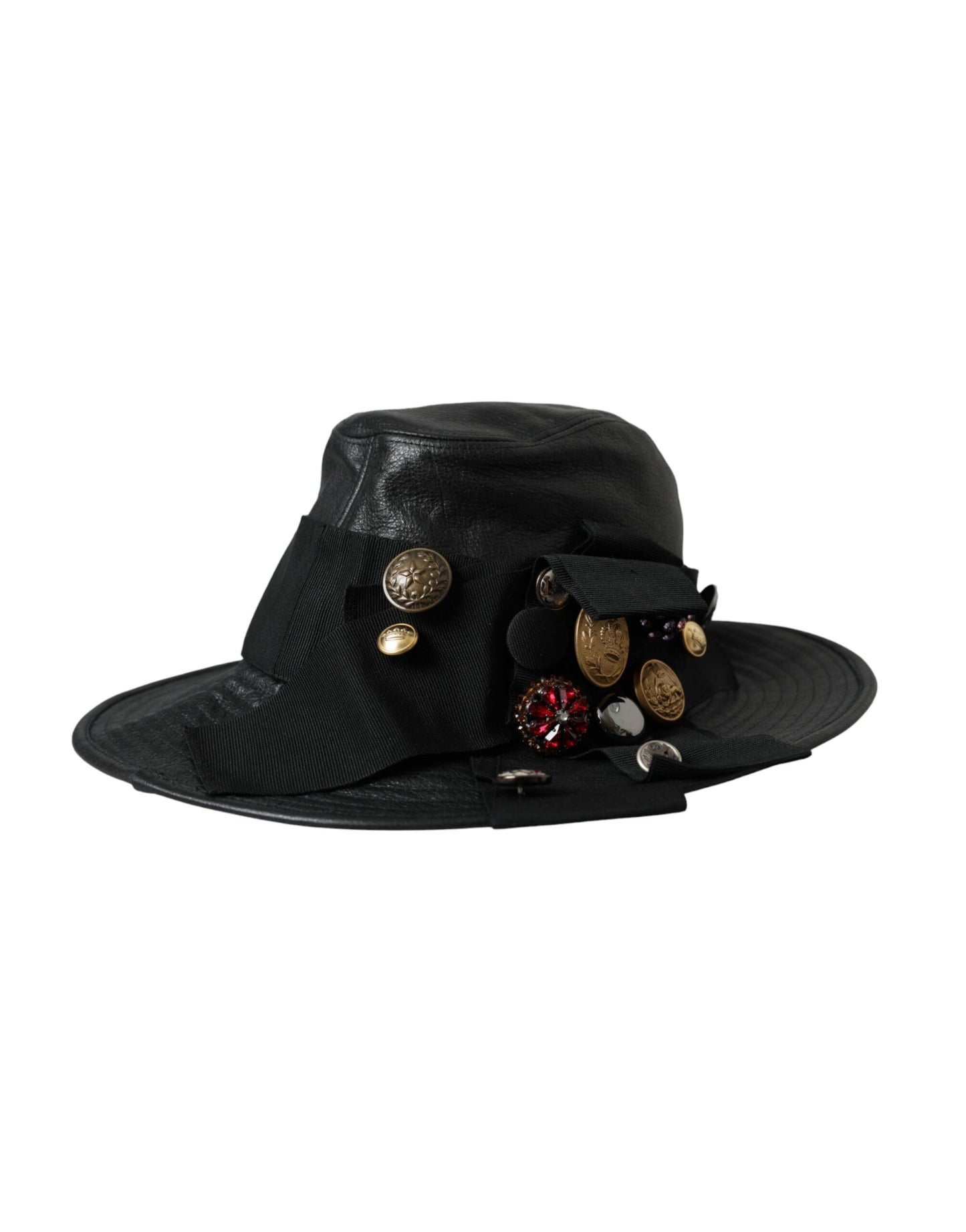 Dolce & Gabbana Black Leather DG Coin Crystal Wide Brim Hat - KALAJ