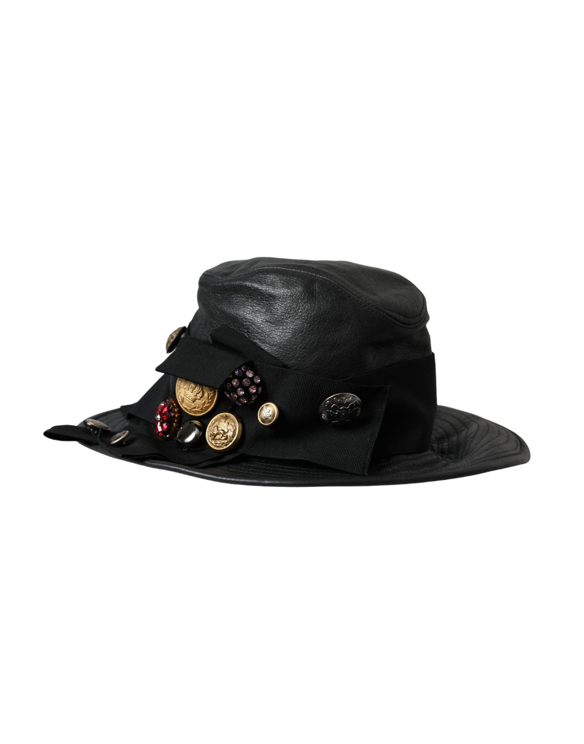 Dolce & Gabbana Black Leather DG Coin Crystal Wide Brim Hat - KALAJ