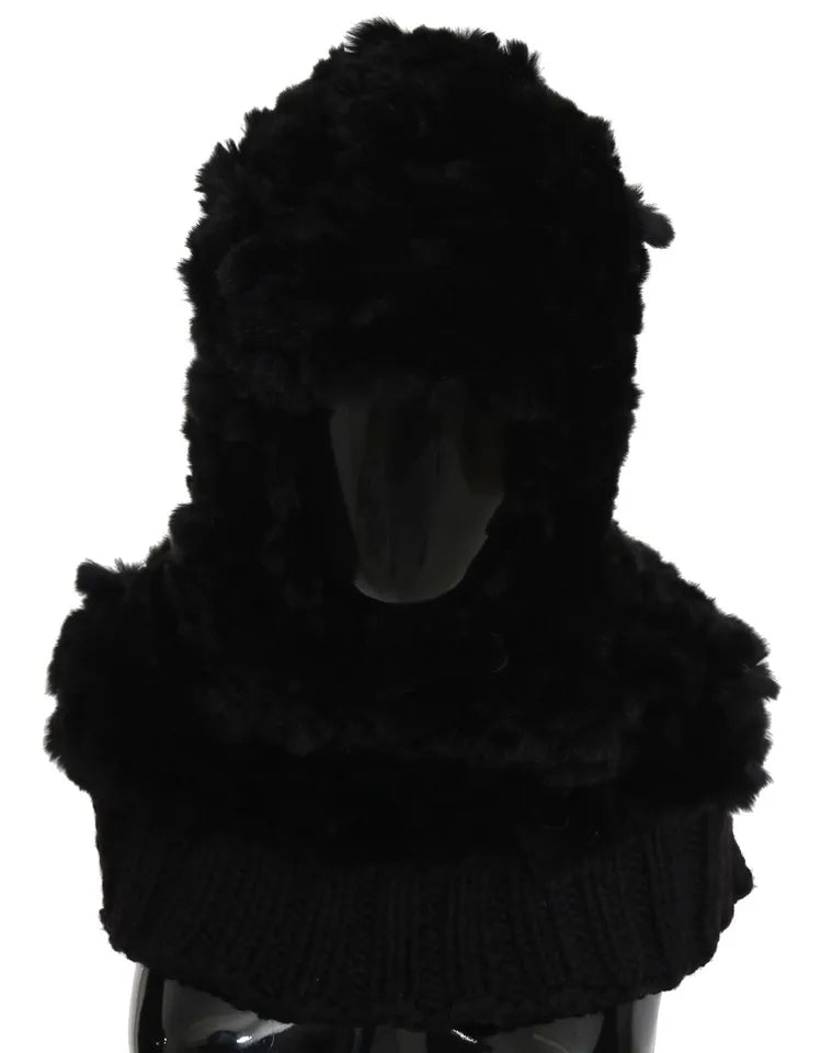 Dolce & Gabbana Black Silver Fox Fur Cashmere Hooded Scarf - KALAJ