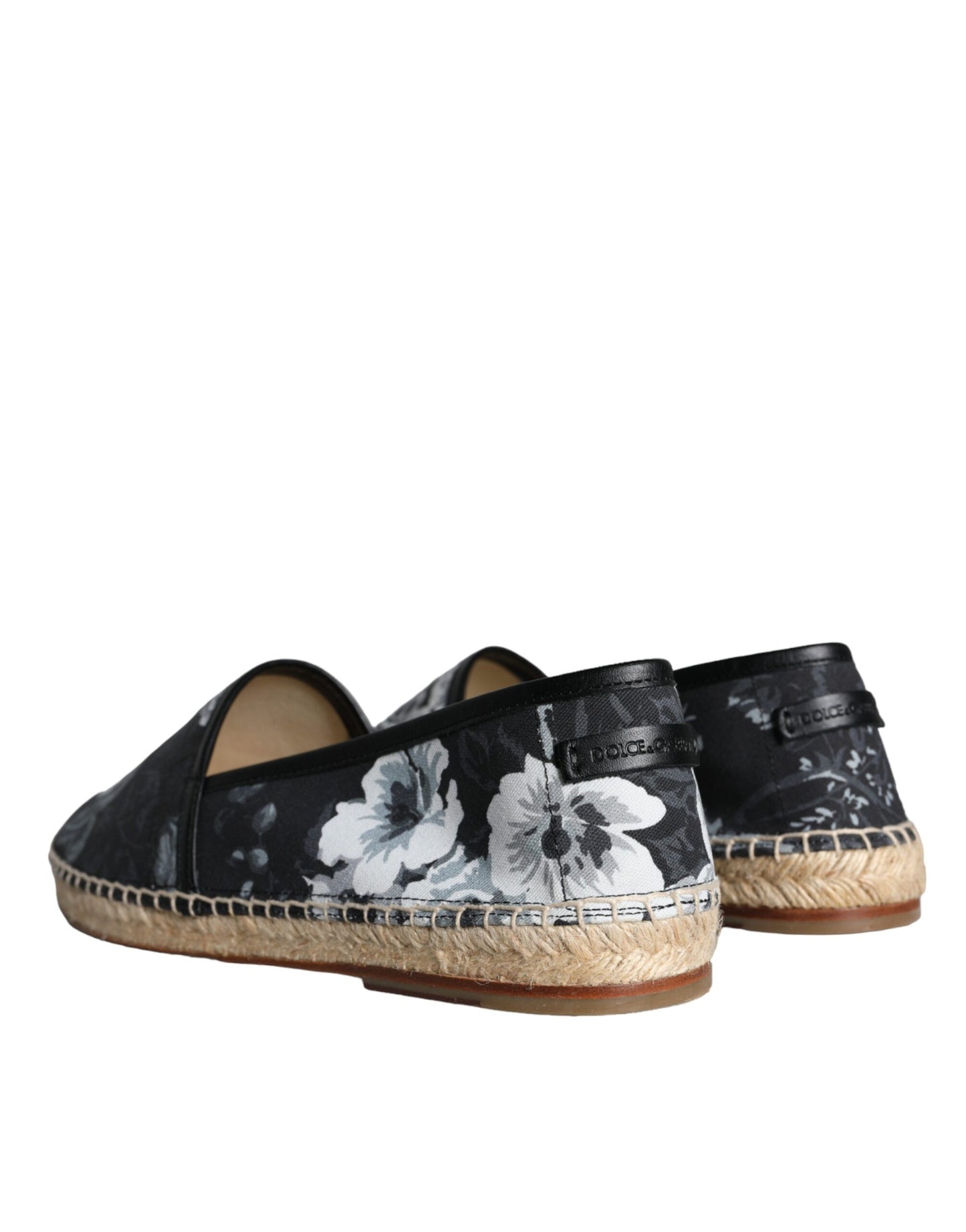 Dolce & Gabbana Black Floral Cotton Leather Espadrilles Shoes