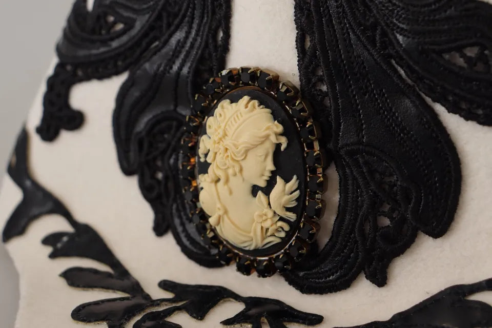 Dolce & Gabbana White Black Wool Embroidered Cameo Brooch Hat - KALAJ