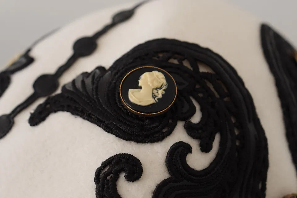 Dolce & Gabbana White Black Wool Embroidered Cameo Brooch Hat - KALAJ