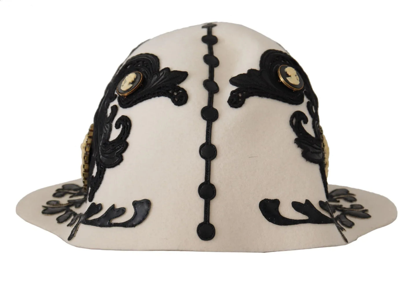 Dolce & Gabbana White Black Wool Embroidered Cameo Brooch Hat - KALAJ