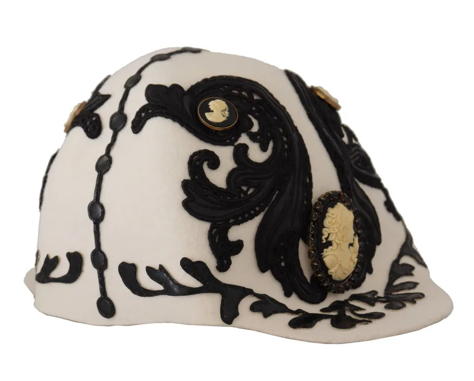 Dolce & Gabbana White Black Wool Embroidered Cameo Brooch Hat - KALAJ