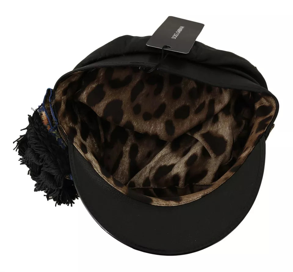 Dolce & Gabbana Black Leather Crystal Beads Gold Ribbon Fiddler Cap - KALAJ