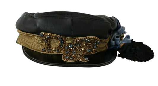 Dolce & Gabbana Black Leather Crystal Beads Gold Ribbon Fiddler Cap - KALAJ