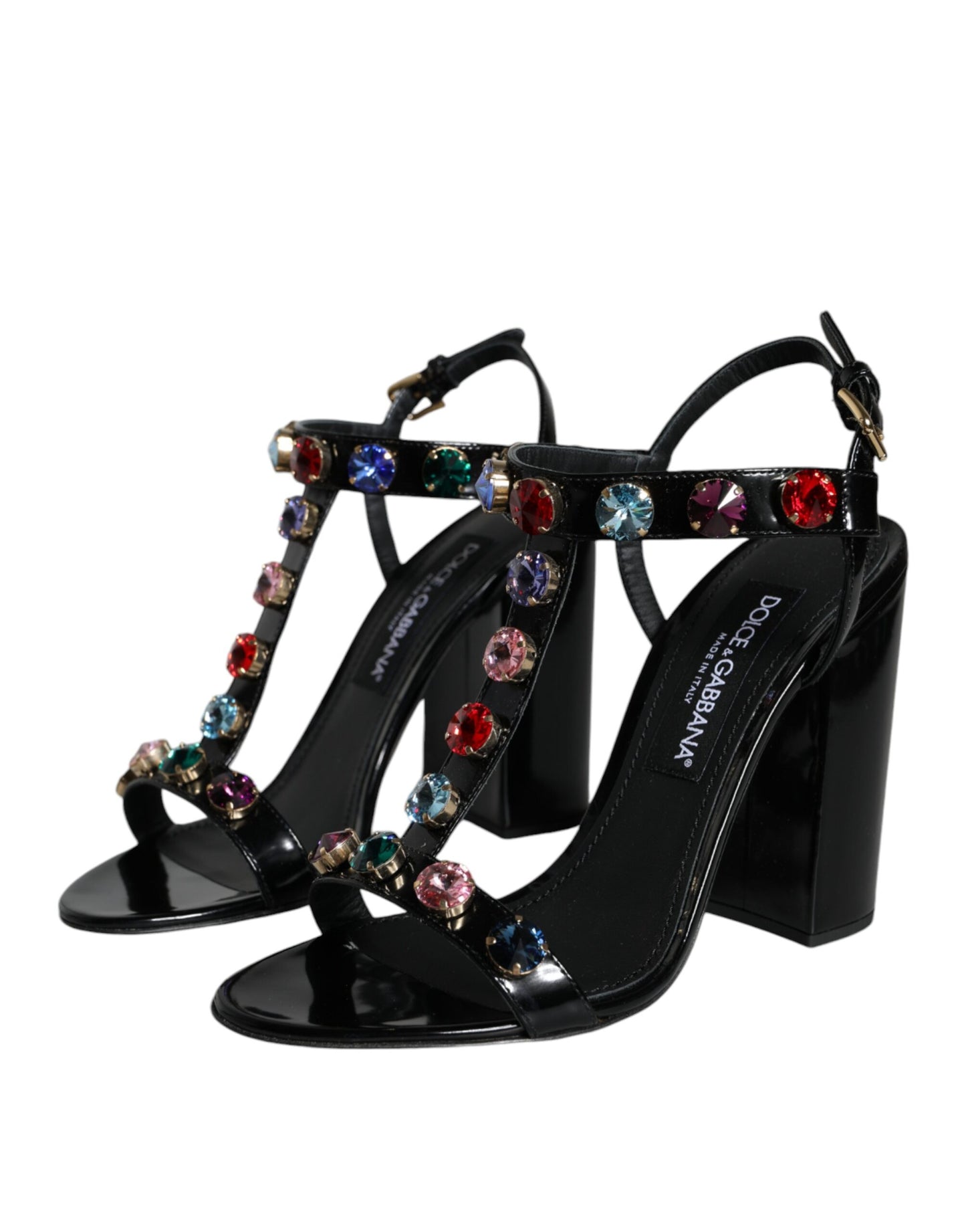 Dolce & Gabbana Black Crystal Leather T-strap Sandals Shoes