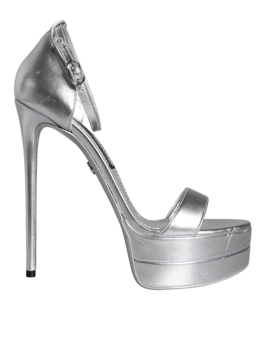 Dolce & Gabbana Silver Leather Platform Keira Sandals Shoes