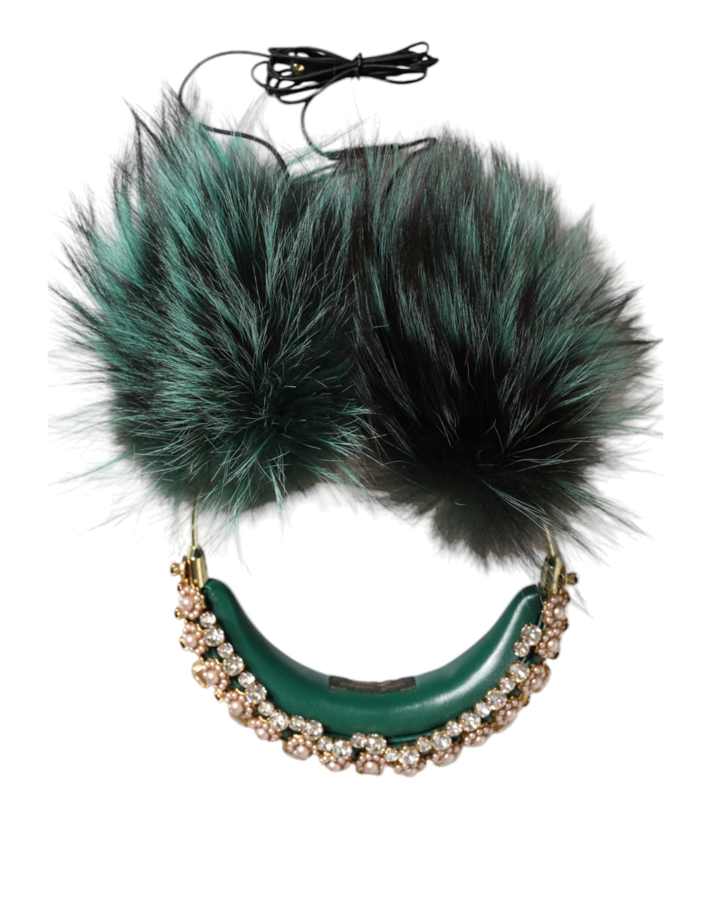 Dolce & Gabbana Green Gold Crystal Fur Headset Audio AUX Headphones - KALAJ