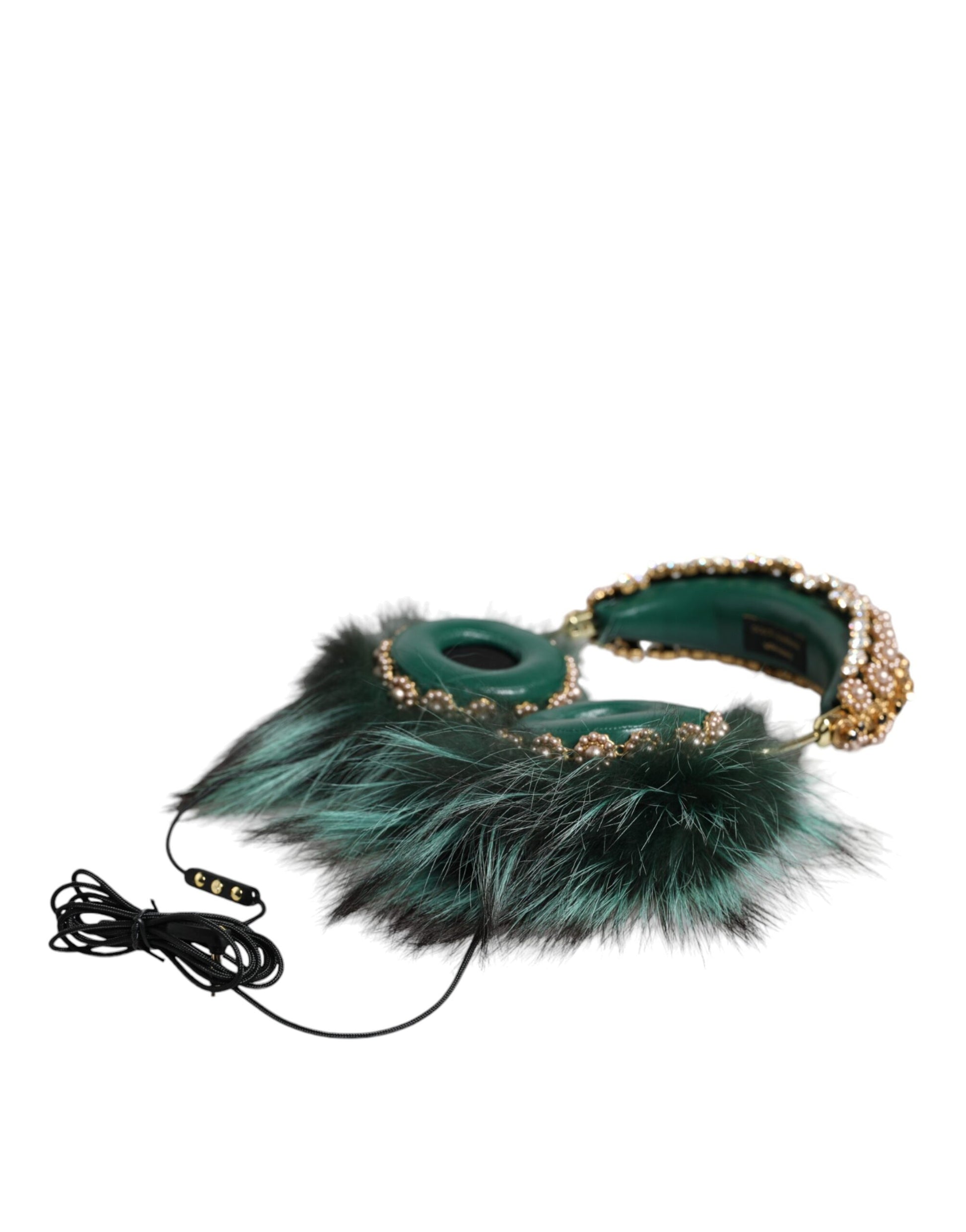 Dolce & Gabbana Green Gold Crystal Fur Headset Audio AUX Headphones - KALAJ