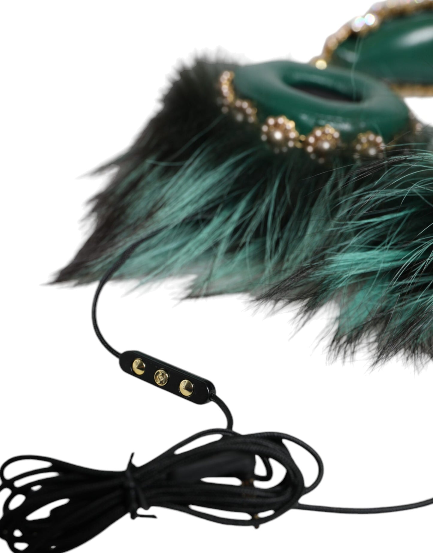 Dolce & Gabbana Green Gold Crystal Fur Headset Audio AUX Headphones - KALAJ