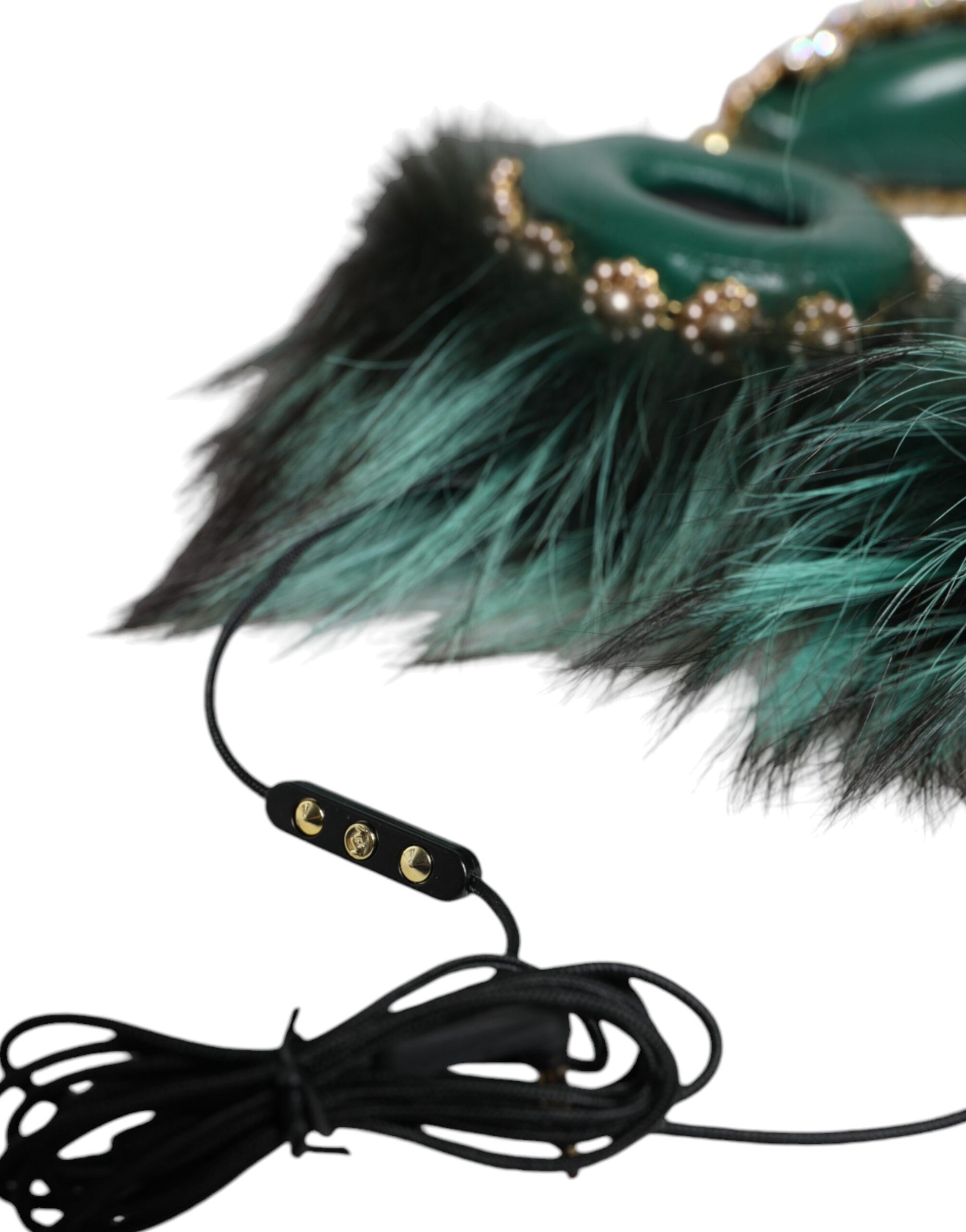 Dolce & Gabbana Green Gold Crystal Fur Headset Audio AUX Headphones - KALAJ