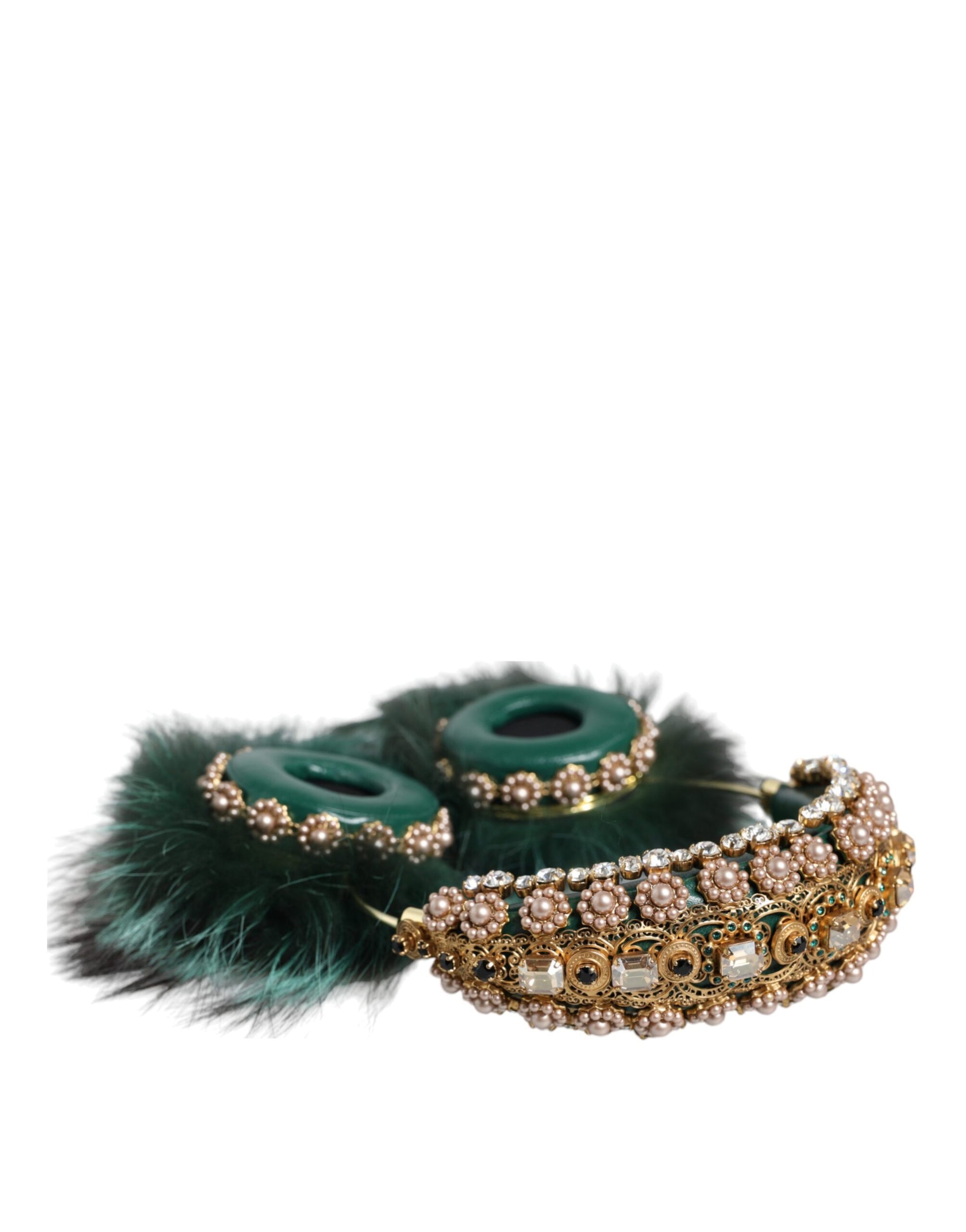 Dolce & Gabbana Green Gold Crystal Fur Headset Audio AUX Headphones - KALAJ