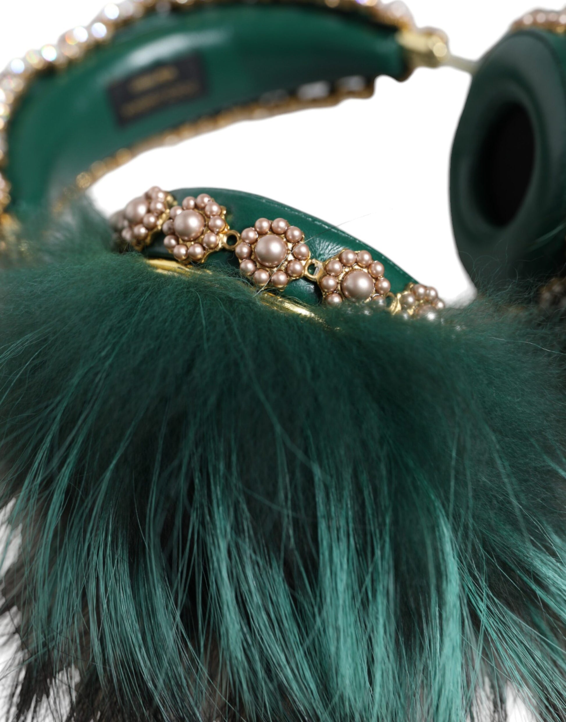 Dolce & Gabbana Green Gold Crystal Fur Headset Audio AUX Headphones - KALAJ