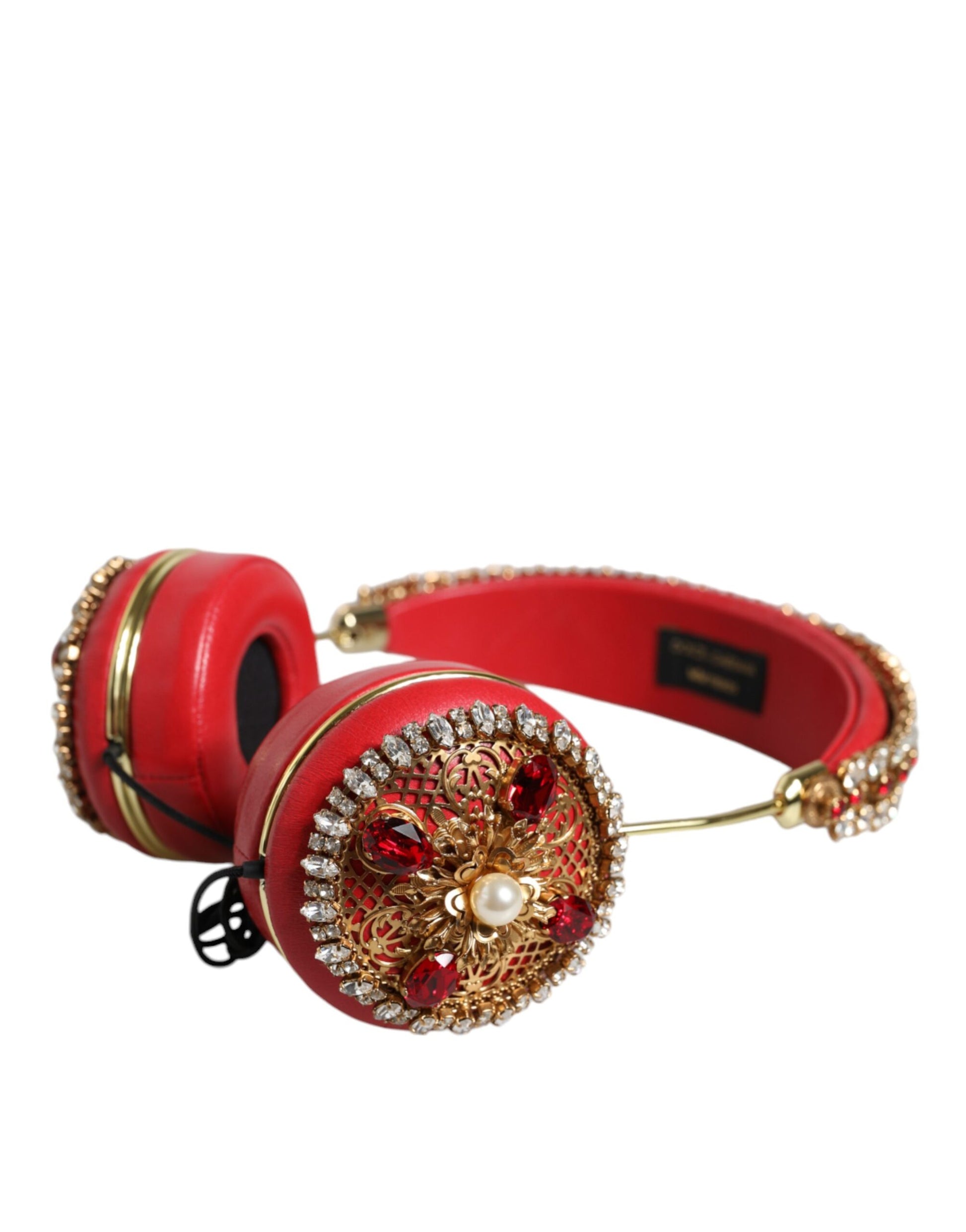 Dolce & Gabbana Red Nappa Leather Floral Crystal Headphone - KALAJ