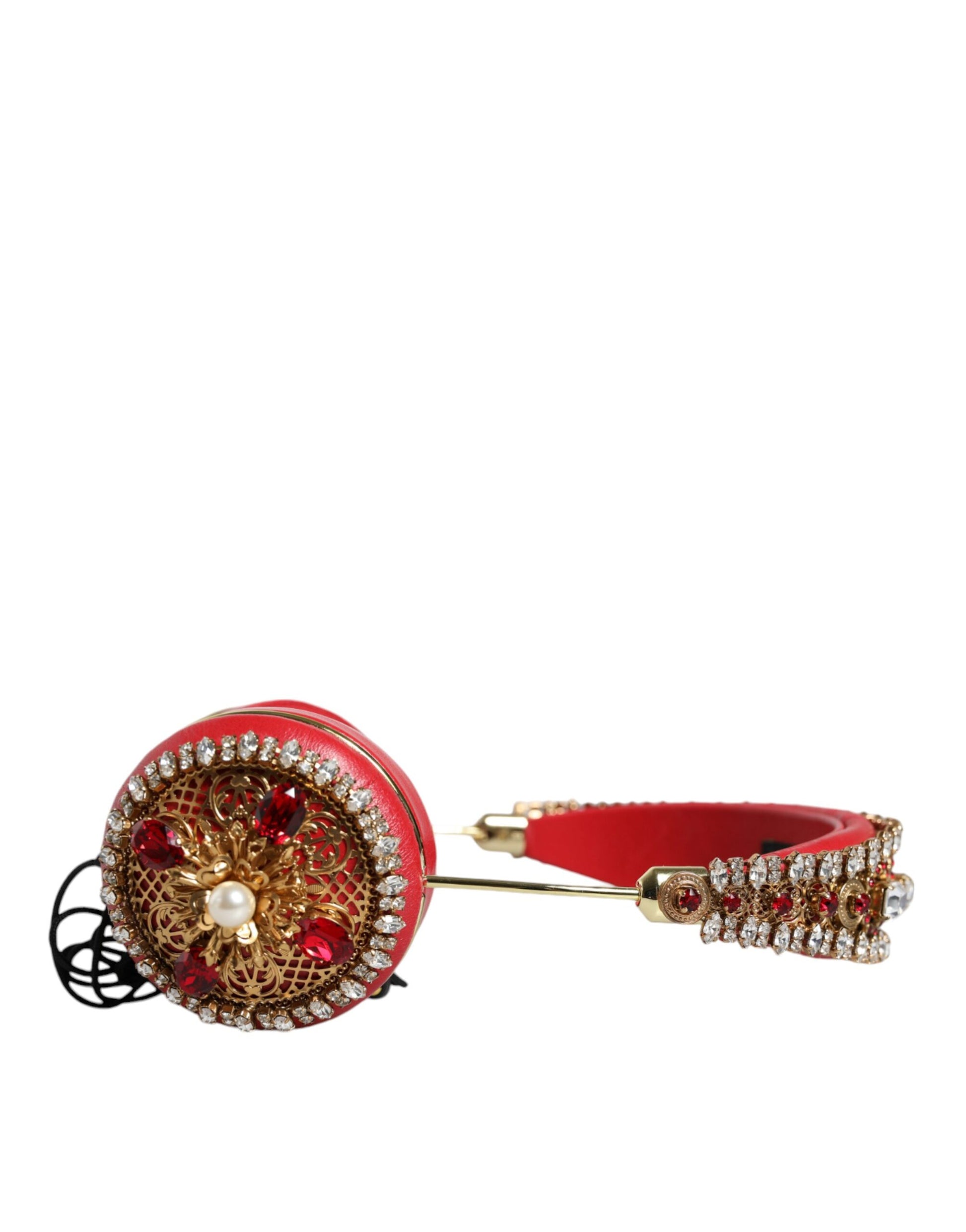 Dolce & Gabbana Red Nappa Leather Floral Crystal Headphone - KALAJ