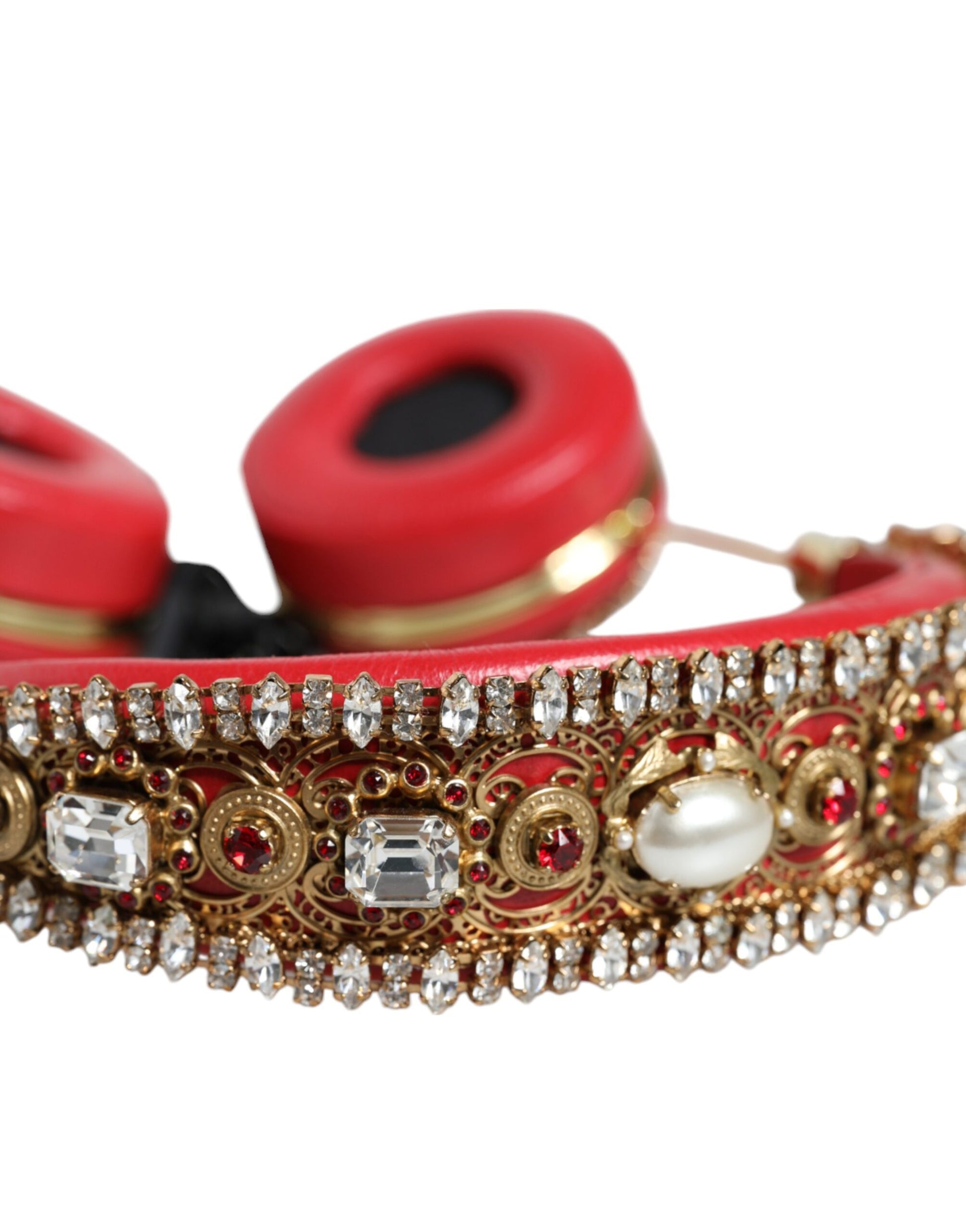 Dolce & Gabbana Red Nappa Leather Floral Crystal Headphone - KALAJ