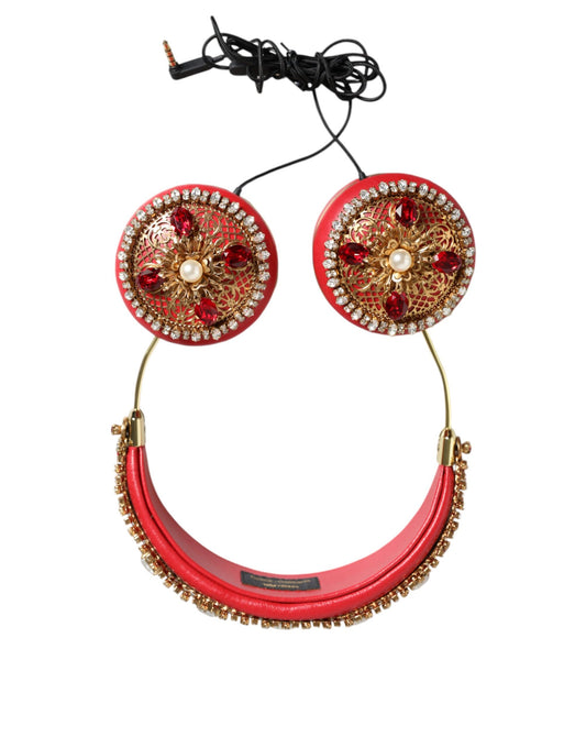 Dolce & Gabbana Red Nappa Leather Floral Crystal Headphone - KALAJ