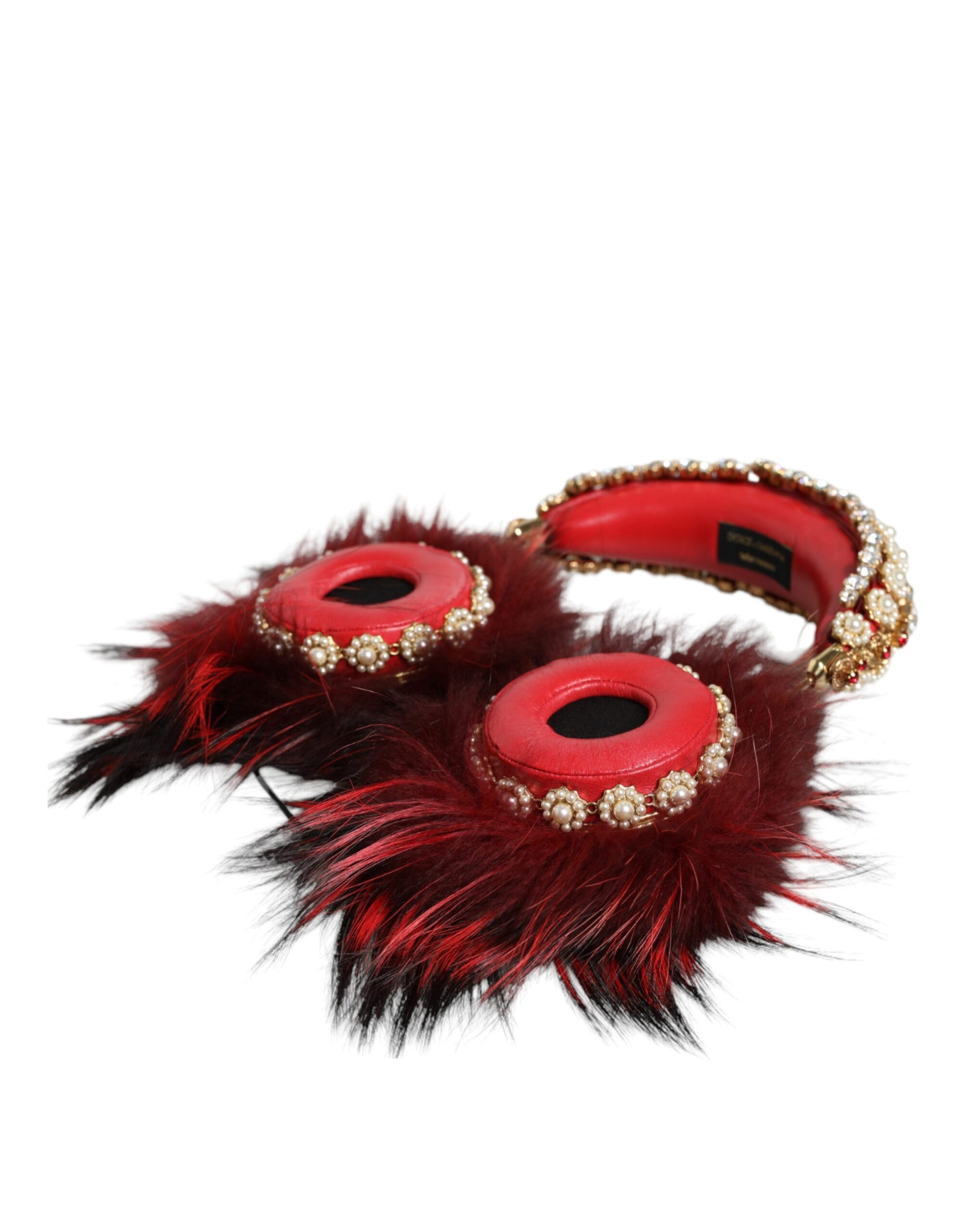 Dolce & Gabbana Red Gold Crystal Fur Headset Audio AUX Headphones - KALAJ