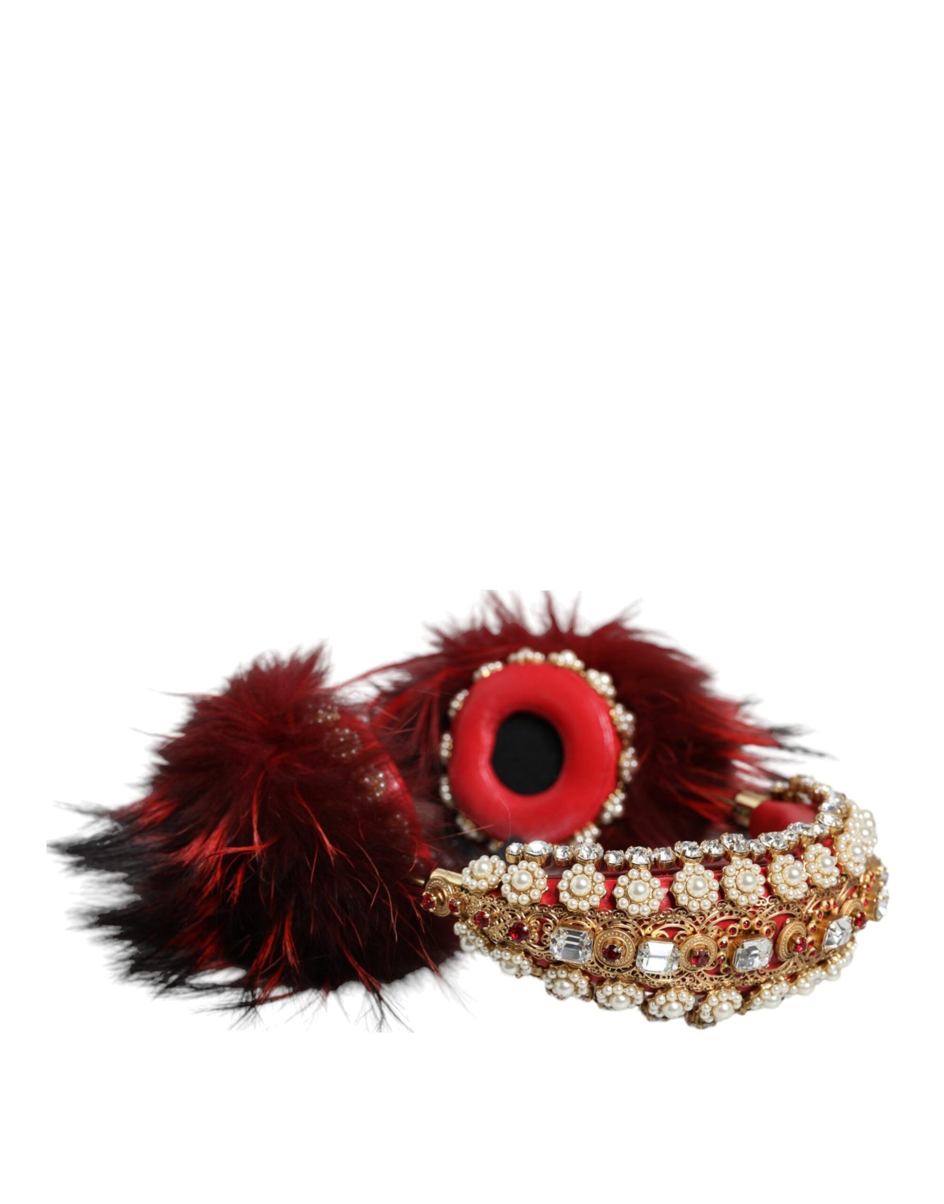 Dolce & Gabbana Red Gold Crystal Fur Headset Audio AUX Headphones - KALAJ