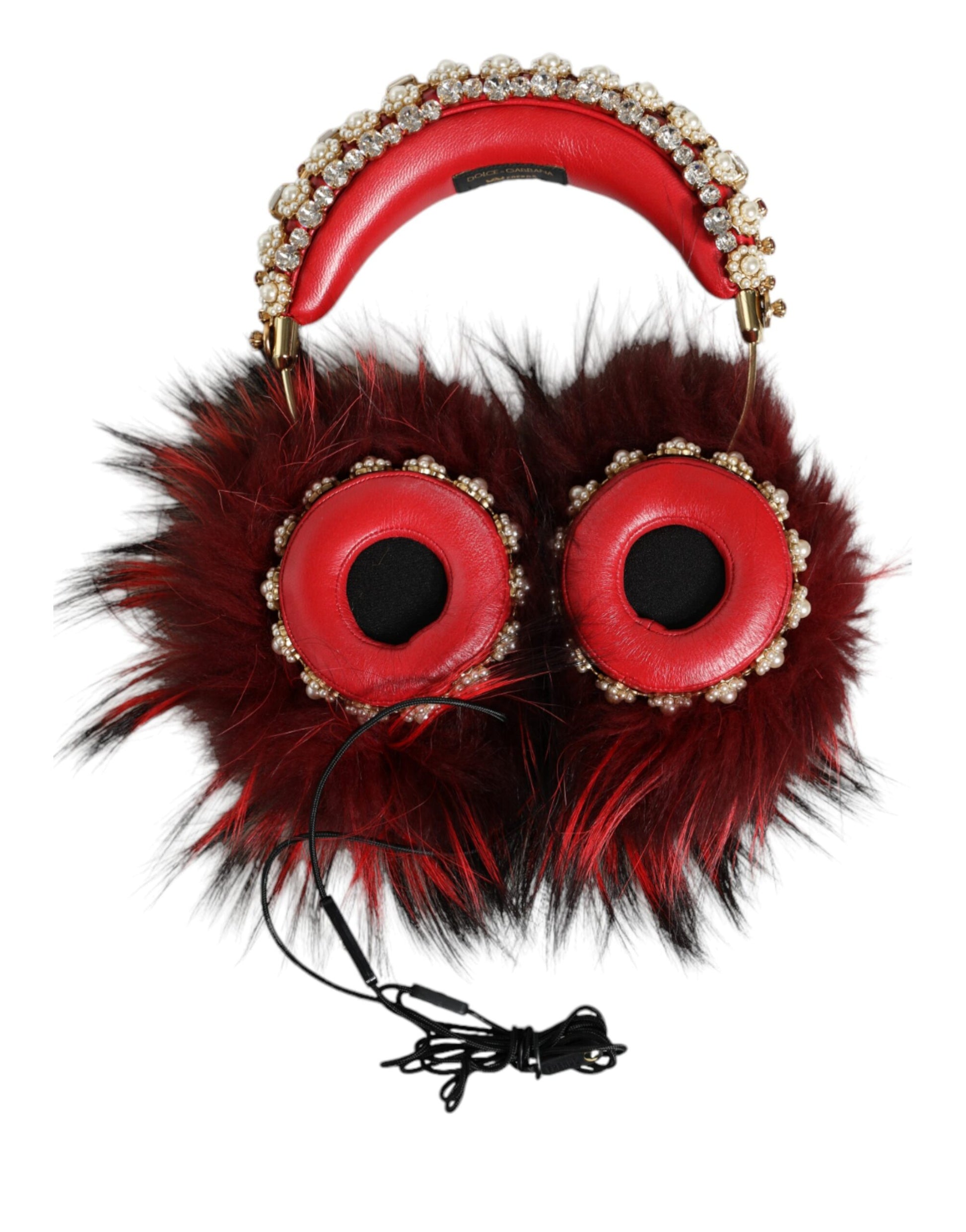 Dolce & Gabbana Red Gold Crystal Fur Headset Audio AUX Headphones - KALAJ