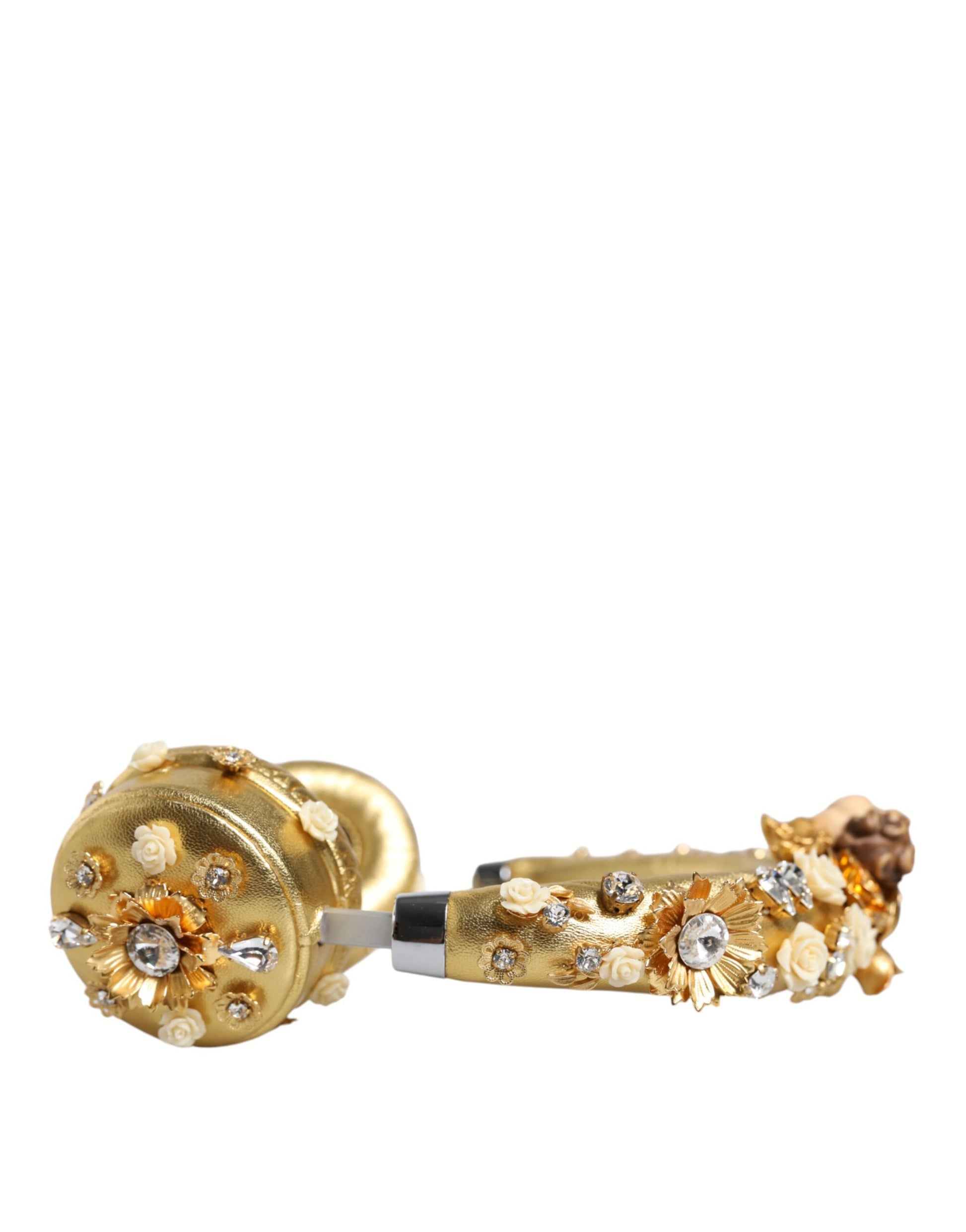 Dolce & Gabbana Gold Leather Floral Crystal Angel Headset Headphones - KALAJ