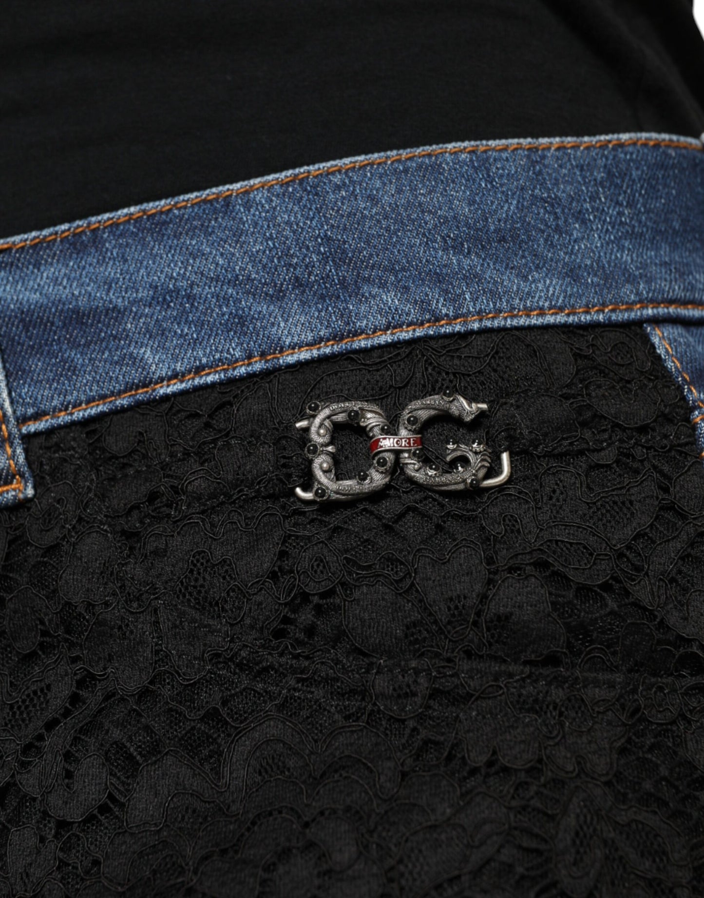 Dolce & Gabbana Black Floral Lace Front Skinny Denim Jeans