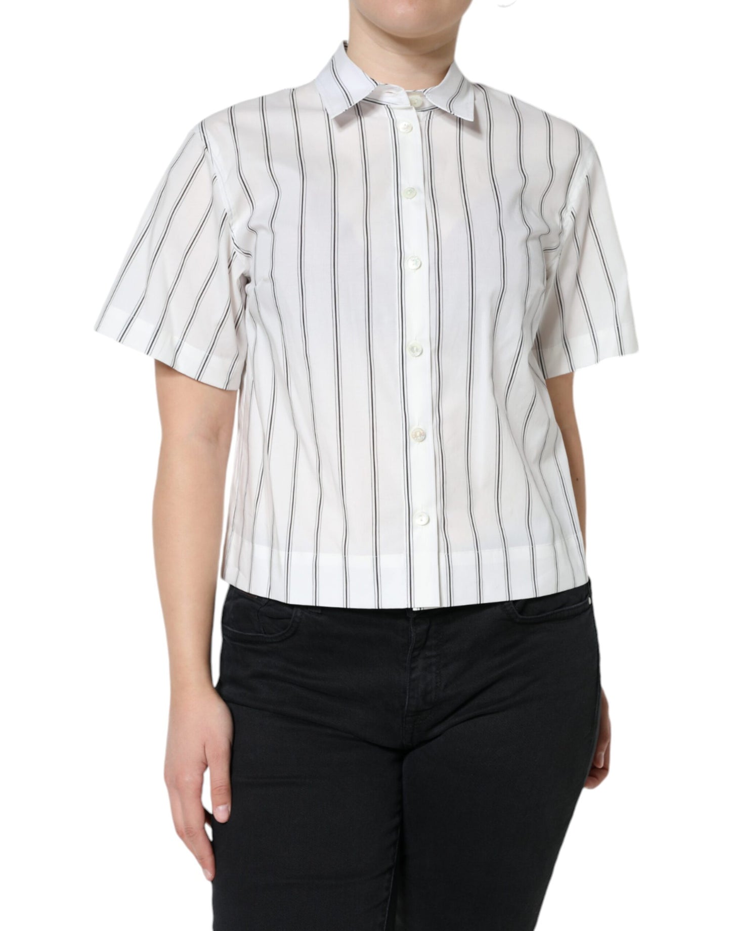 Dolce & Gabbana White Striped Collared Short Sleeve Polo Top