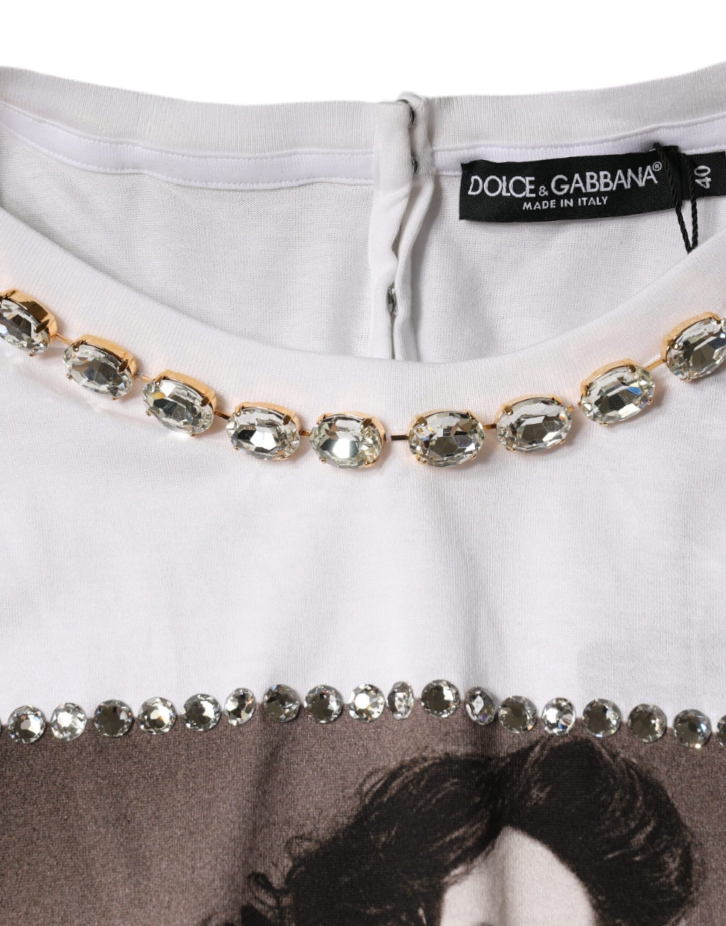 Dolce & Gabbana White Crystal Neckline Embellished Printed T-shirt