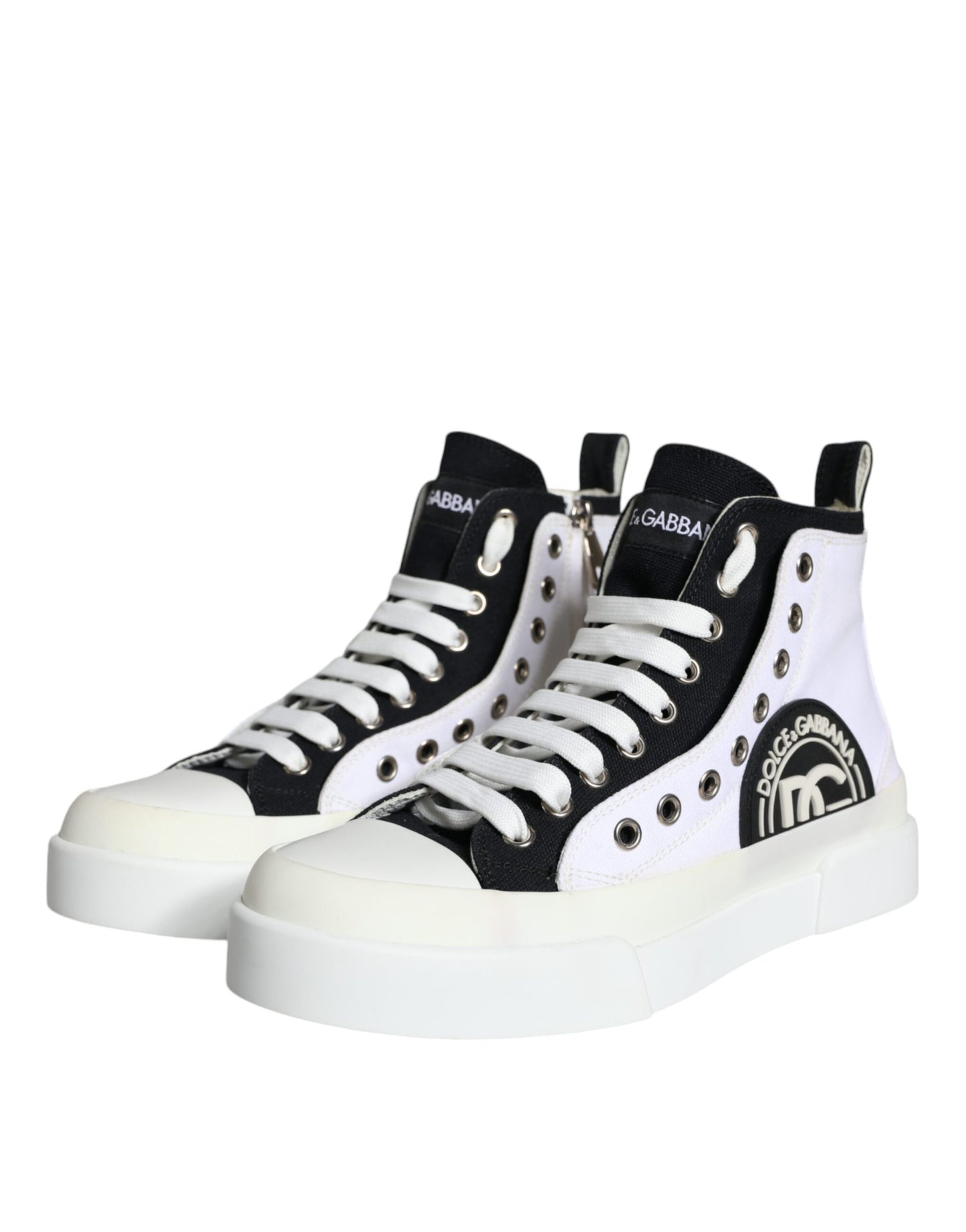 Dolce & Gabbana White Black Canvas Logo Mid Top Sneakers Shoes