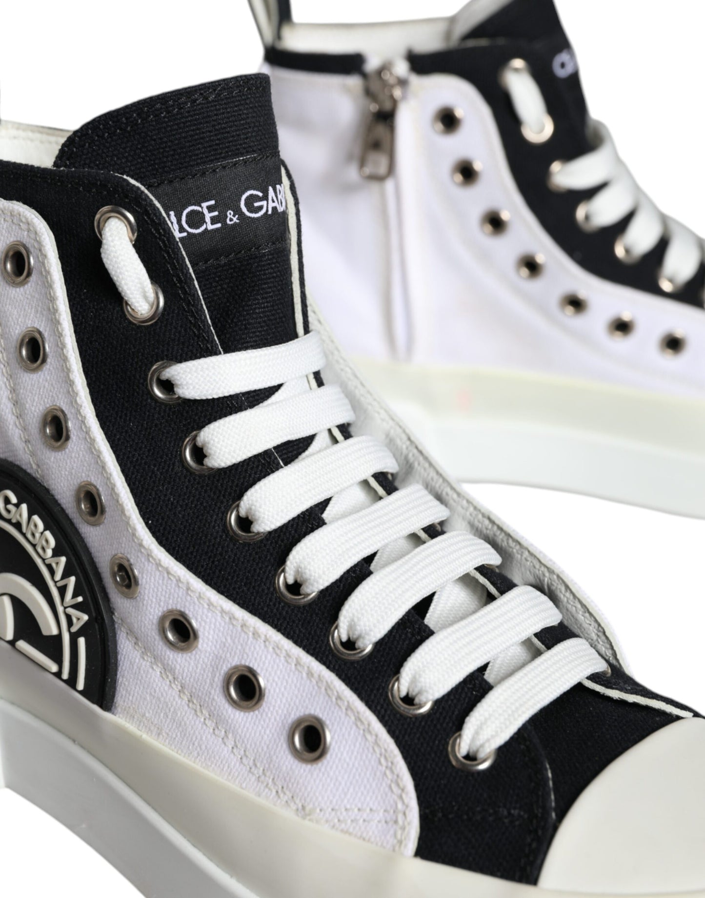 Dolce & Gabbana White Black Canvas Logo Mid Top Sneakers Shoes