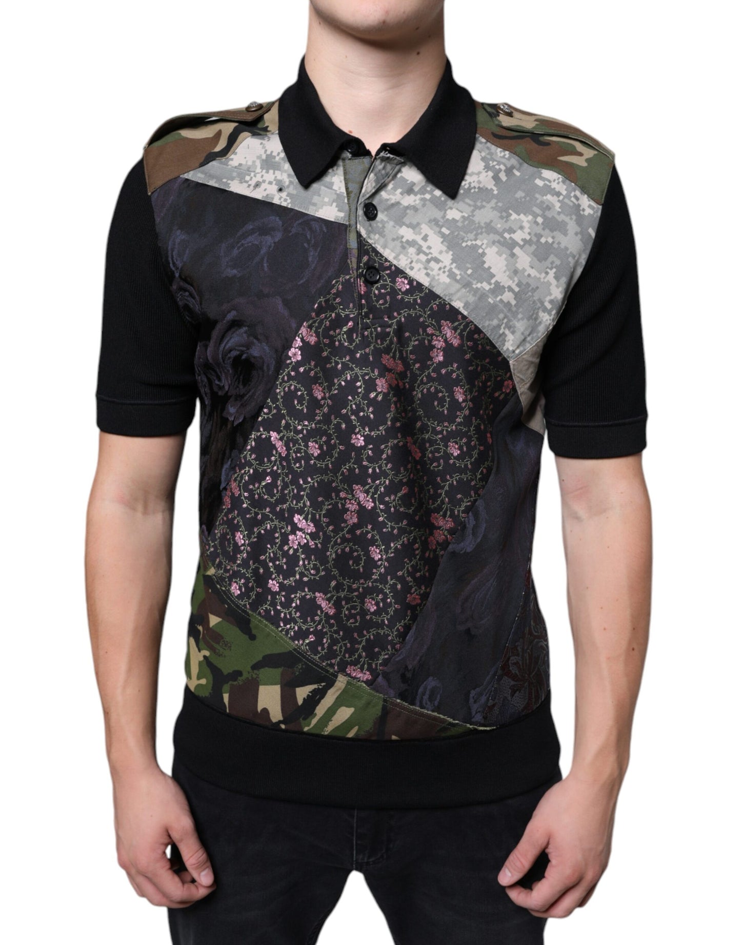 Dolce & Gabbana Multicolor Camouflage Patchwork Silk Polo T-shirt