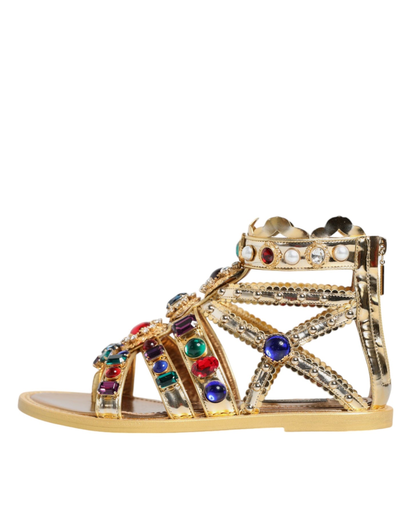 Dolce & Gabbana Gold Leather Crystal Gladiator Sandals Flats Shoes