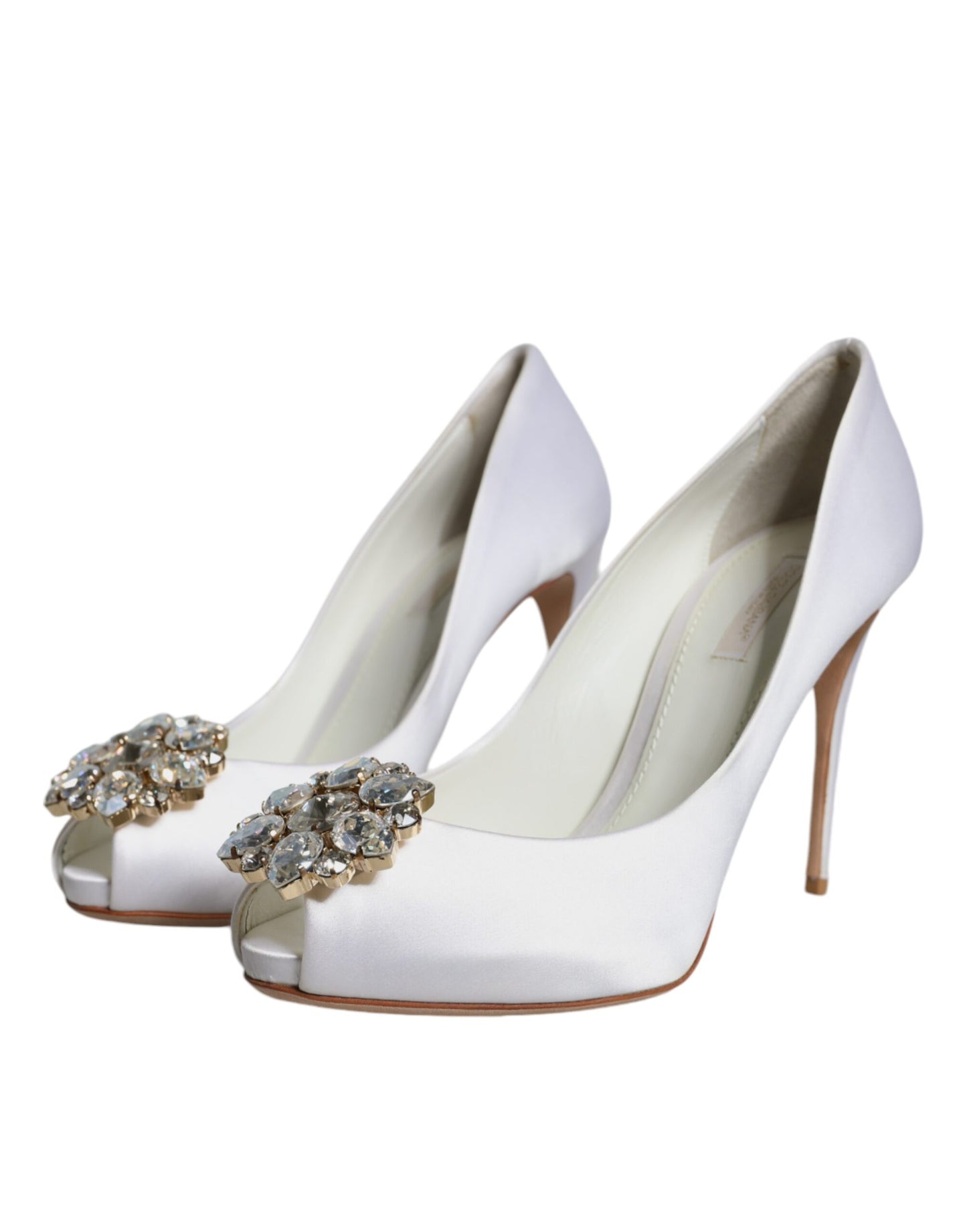 Dolce & Gabbana White Crystals Peep Toe Satin Pumps Shoes