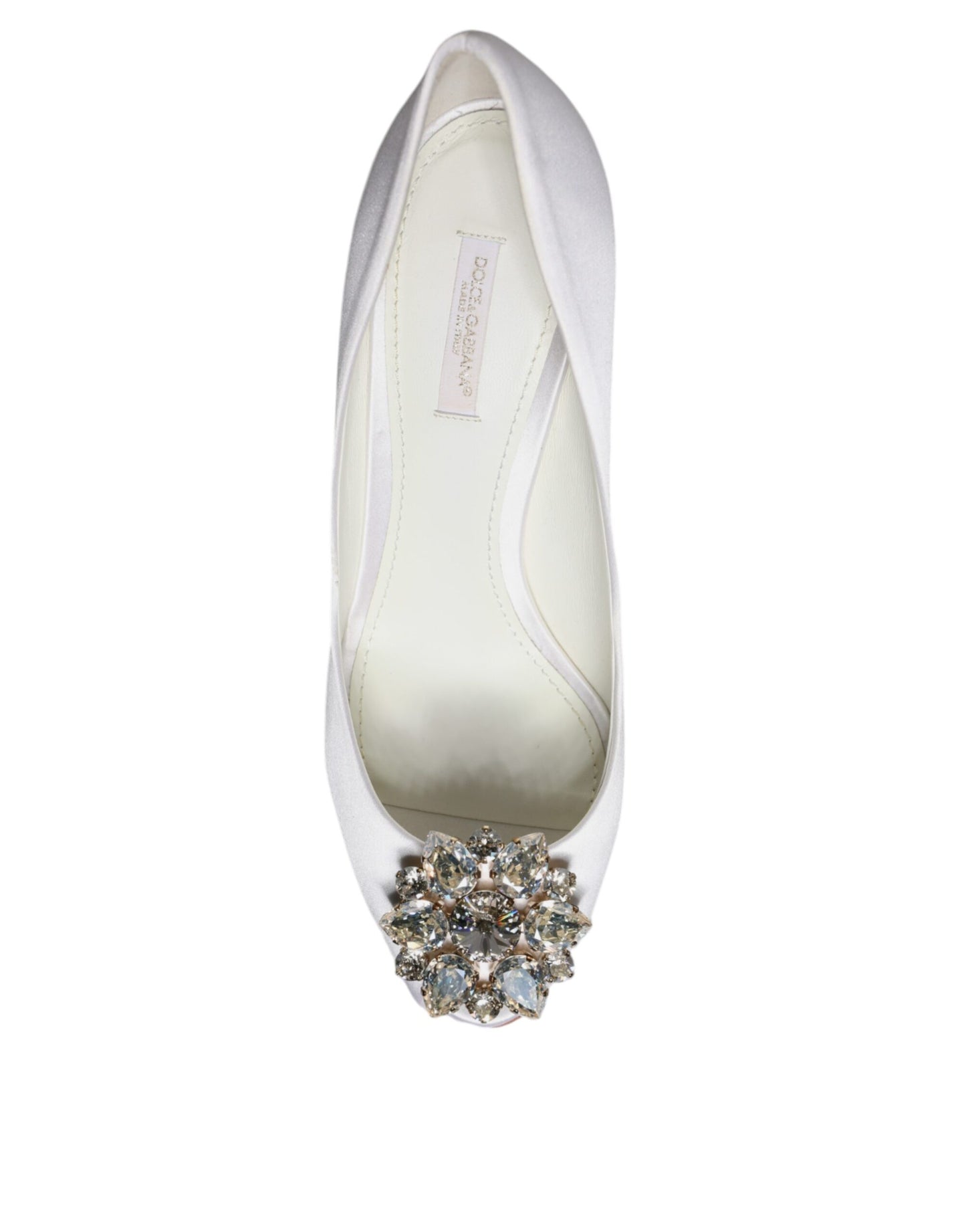 Dolce & Gabbana White Crystals Peep Toe Satin Pumps Shoes