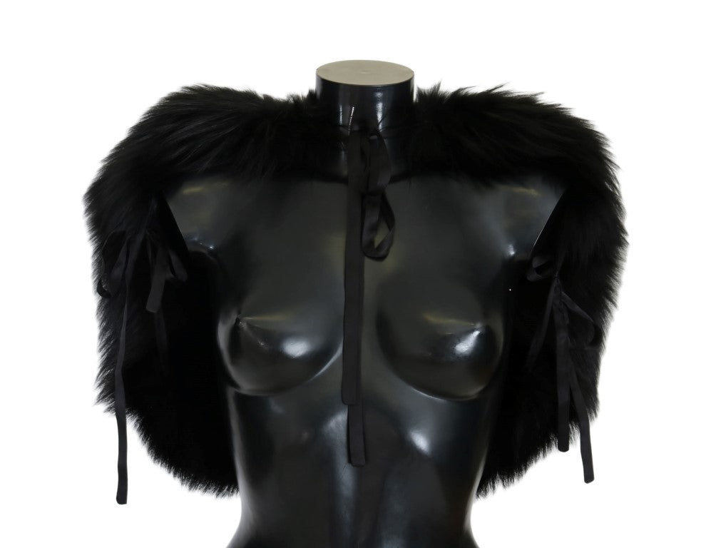 Dolce & Gabbana Elegant Black Silver Fox Fur Wrap Scarf - KALAJ