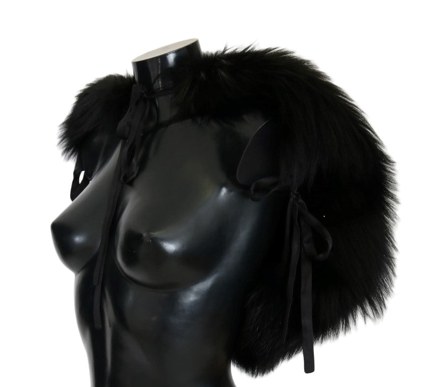 Dolce & Gabbana Elegant Black Silver Fox Fur Wrap Scarf - KALAJ