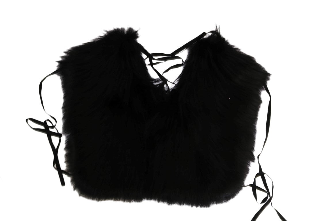 Dolce & Gabbana Elegant Black Silver Fox Fur Wrap Scarf - KALAJ