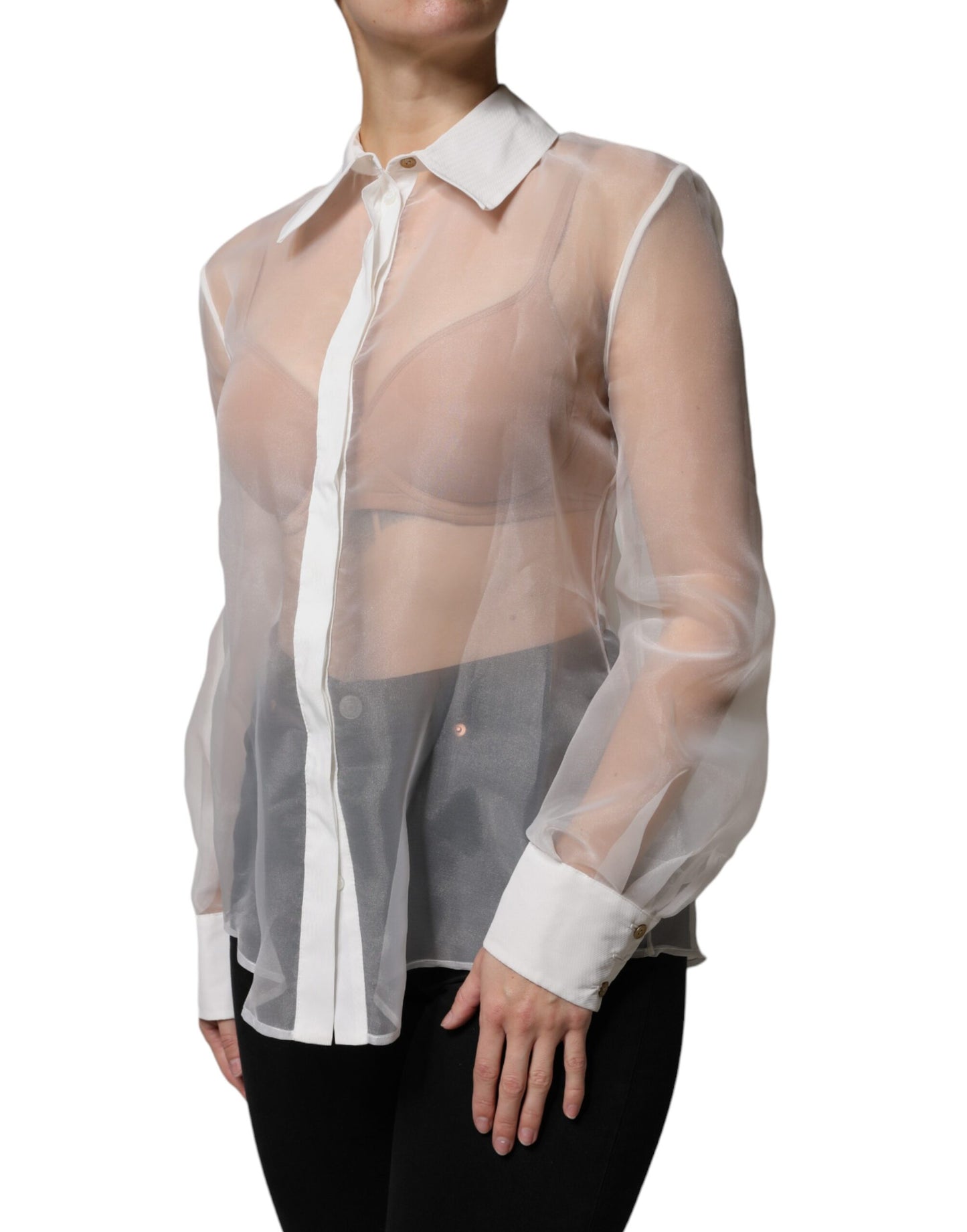 Elisabetta Franchi White Sheer Collared Buttoned Long Sleeves Top