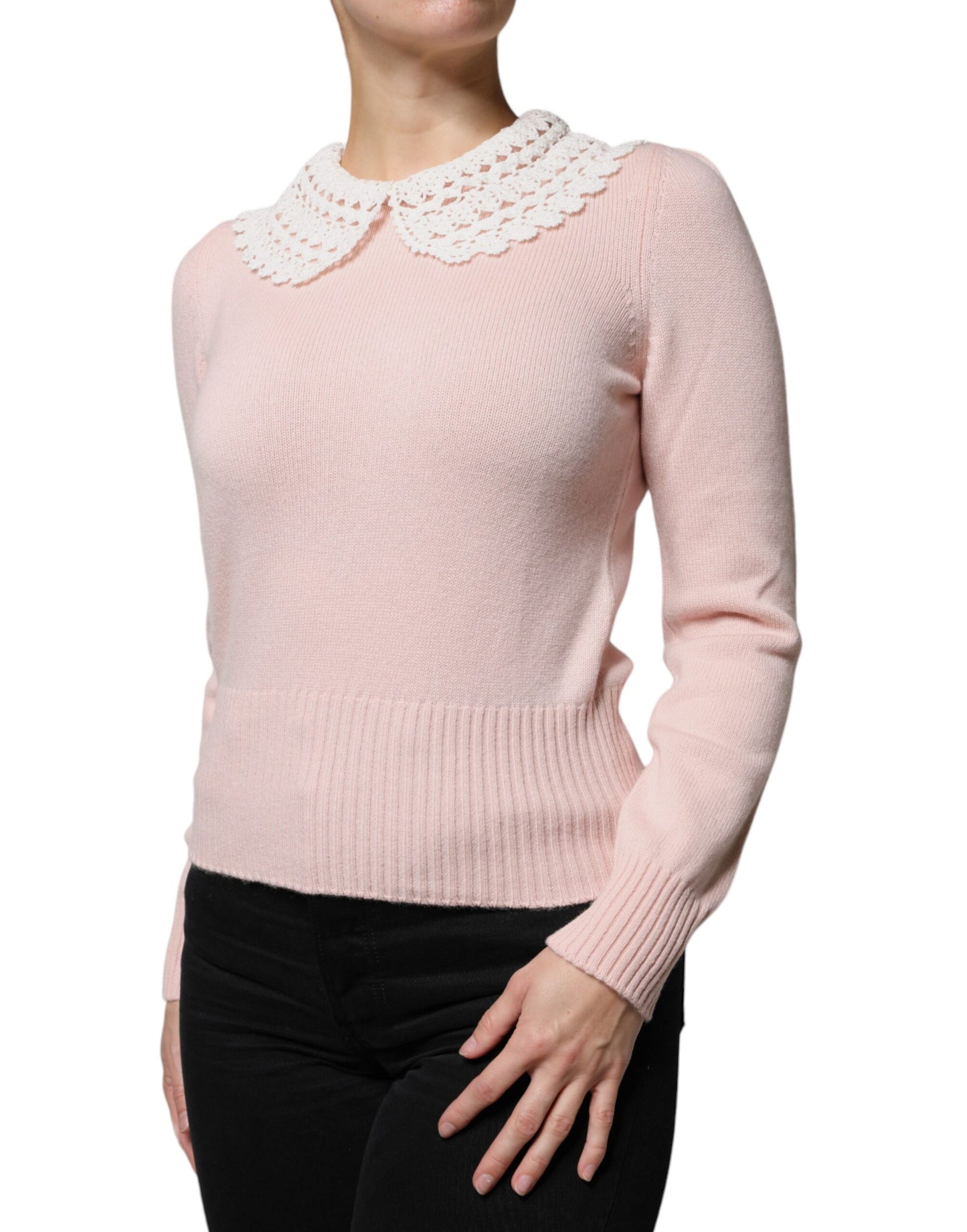 Dolce & Gabbana Pink Cashmere Collar Knitted Long Sleeves Top